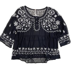 Free People Black and White Embroidered Blouse
